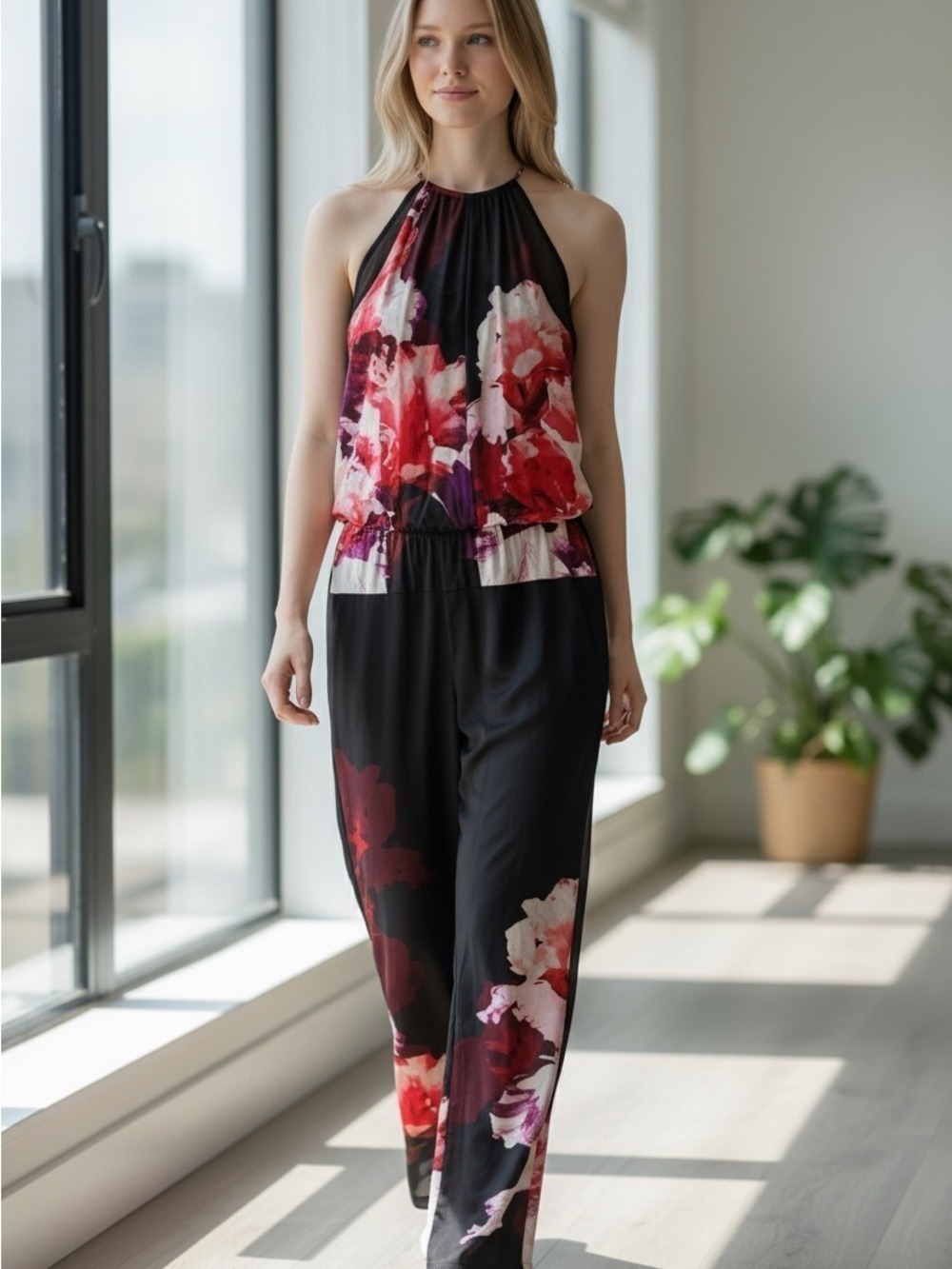 Marciano Black Pink Floral Halter Jumpsuit Size 4